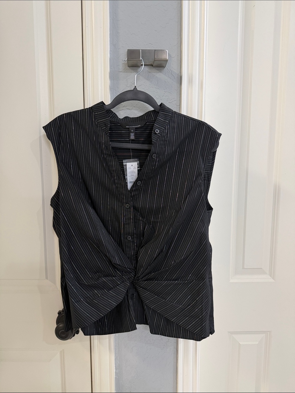 White House Black Market Black Pinstripe Twist-Front Blouse